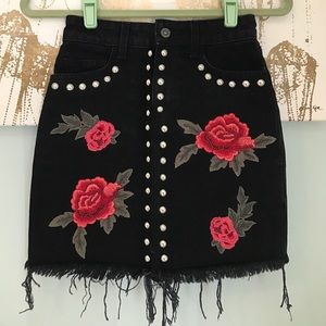 LF Carmar embroidered studded denim skirt